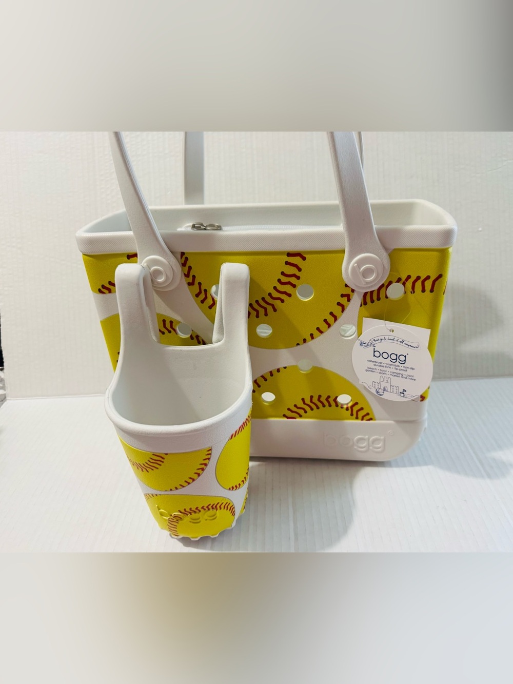 Yellow Bogg bitty bag Baseball Print Tote with Cup Holder BNWT
